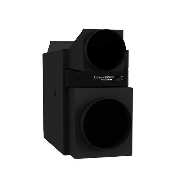 The WhisperKOOL Fully Ducted Extreme 8000tiR is a black industrial air purifier unit with a rectangular body and two large circular vents.