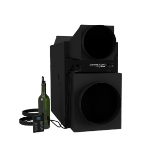 The WhisperKOOL Fully Ducted Extreme 8000tiR, shown in black with a green wine bottle, power cord, and digital control panel, is designed for fully ducted wine cellar installations.