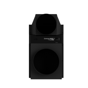 The WhisperKOOL Fully Ducted Extreme 8000tiR is a black industrial air purifier with two large circular vents, on the top and front, designed for fully ducted installations.