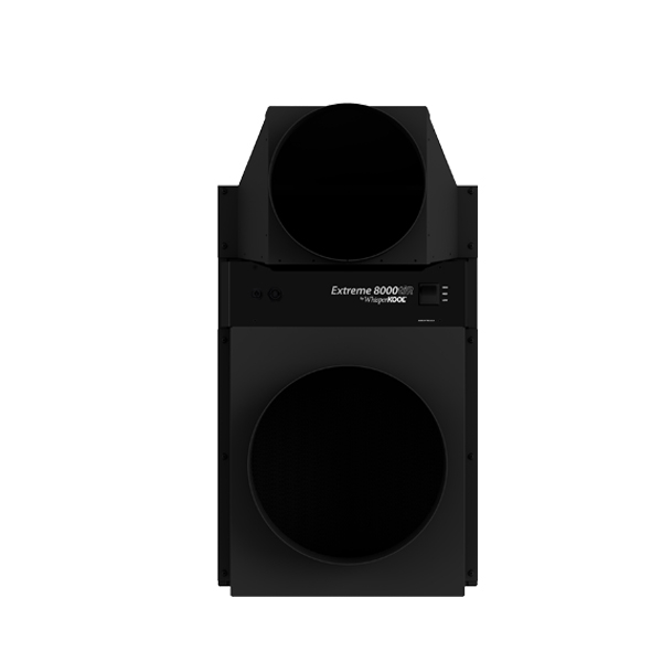The WhisperKOOL Fully Ducted Extreme 8000tiR is a black industrial air purifier with two large circular vents, on the top and front, designed for fully ducted installations.
