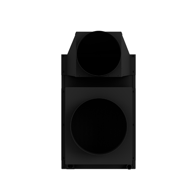 Front view of the WhisperKOOL Fully Ducted Extreme 8000tiR in black, featuring a rectangular shape with two large circular openings—one at the top and one at the bottom.