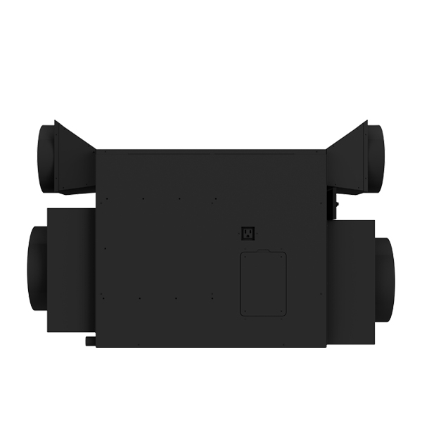 The WhisperKOOL Fully Ducted Extreme 8000tiR is a rectangular black unit with four circular ducts (two on each side) and a small top access panel, providing efficient climate control for your space.