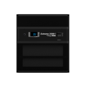 Front view of the WhisperKOOL Extreme 3500ti wine cellar cooling unit in black, featuring a digital display reading "55" with multiple control buttons and switches.