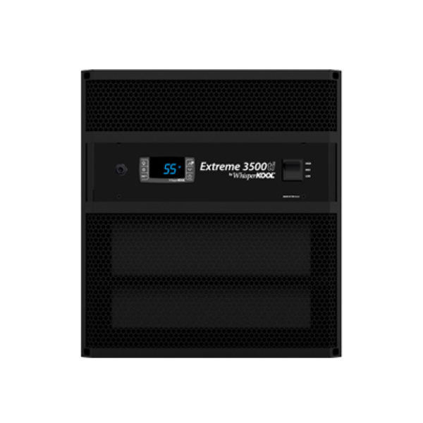 Front view of the WhisperKOOL Extreme 3500ti wine cellar cooling unit in black, featuring a digital display reading "55" with multiple control buttons and switches.