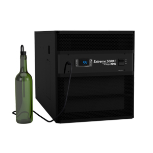 A green wine bottle is linked by a cable to a black WhisperKOOL Extreme 5000ti wine cellar cooling unit featuring a digital display showing "55".