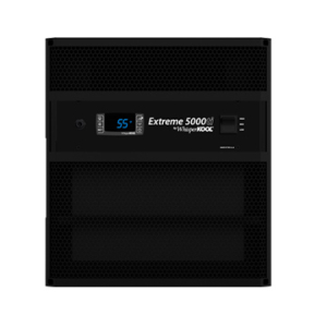 Front view of the WhisperKOOL Extreme 5000ti wine cellar cooling unit in black, featuring a digital display that shows the temperature at 55°F.