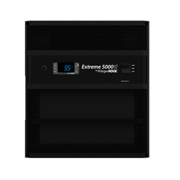 Front view of the WhisperKOOL Extreme 5000ti wine cellar cooling unit in black, featuring a digital display that shows the temperature at 55°F.