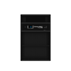 Front view of a black WhisperKOOL Extreme 8000ti UPS unit, commonly paired with wine cellar cooling systems, featuring a central digital display and control panel.