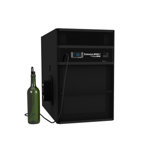 A large black WhisperKOOL Extreme 8000ti stands beside a green wine bottle, both linked by a thin black cable.