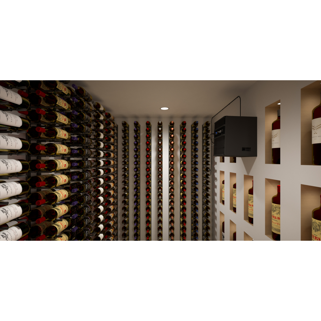 A modern wine cellar features bottles stored on wall racks and shelves, ceiling lights for illumination, and a WhisperKOOL Extreme 5000ti wine cellar cooling unit mounted on the wall.