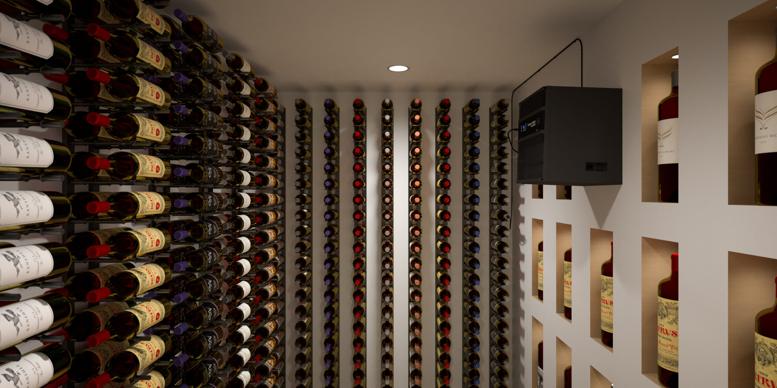 A modern wine cellar with rows of bottles stored on wall racks features a WhisperKOOL Extreme 3500ti wine cooling system mounted near the ceiling.
