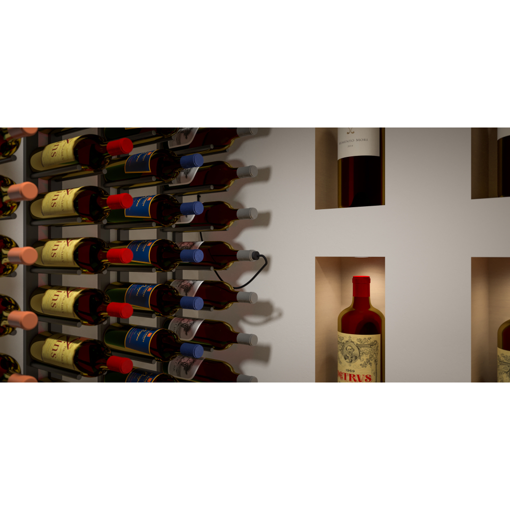 A wall-mounted wine rack storing several bottles horizontally sits next to two lit niches, each displaying an upright bottle—efficiently cooled by the WhisperKOOL Extreme 5000ti for ideal wine cellar conditions.