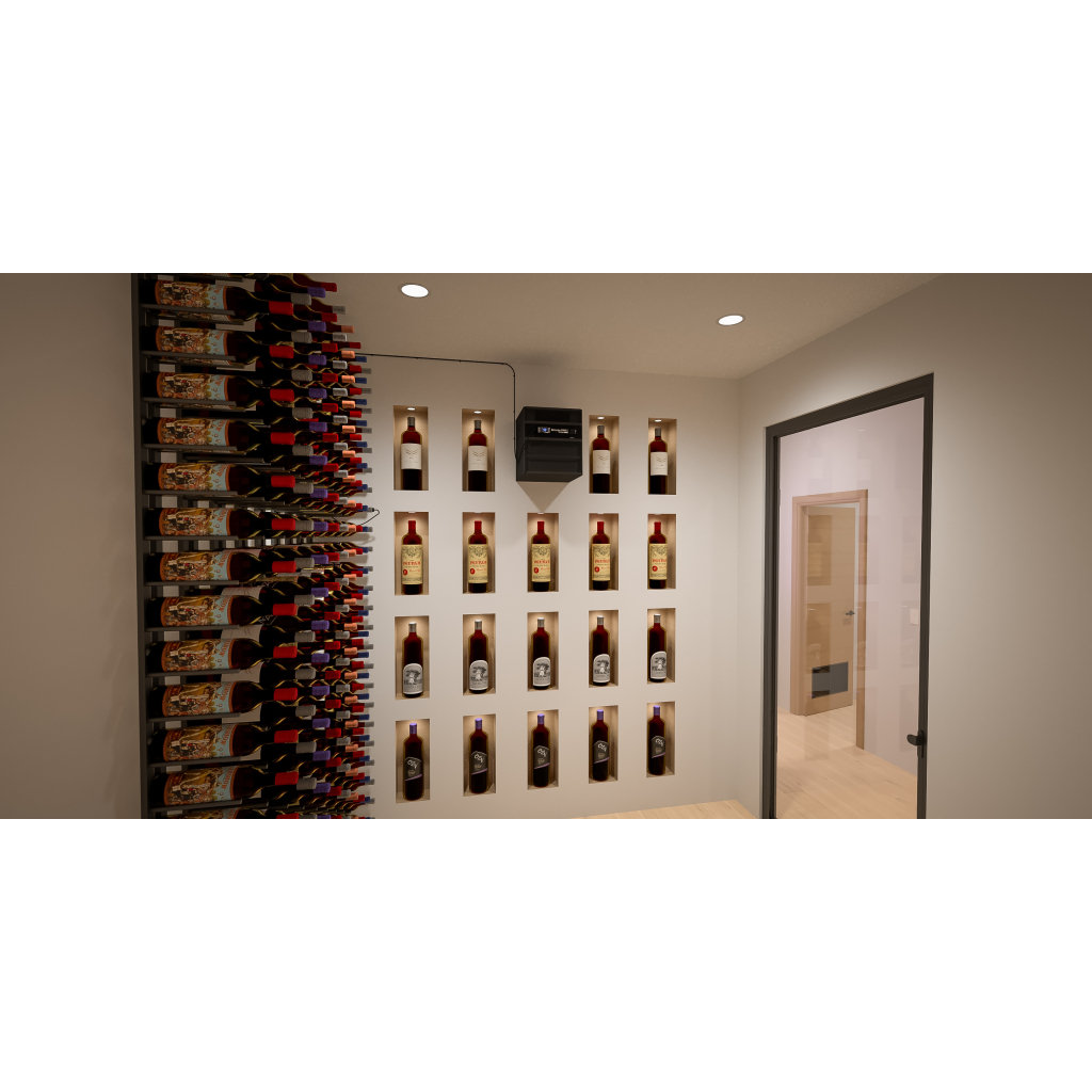 A modern wine cellar with bottles displayed on wall racks and in recessed niches under ceiling lights, featuring the WhisperKOOL Extreme 5000ti cooling system for precise temperature control.