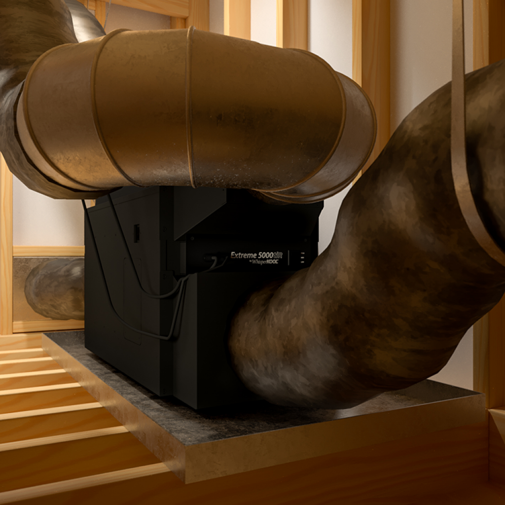 A large black WhisperKOOL Fully Ducted Extreme 8000tiR HVAC unit is fully ducted to several bronze air ducts in a wooden-framed utility space.