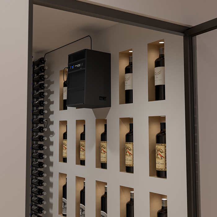 A modern wine storage room features bottles in individual wall slots and a WhisperKOOL Extreme 8000ti cooling unit mounted above.