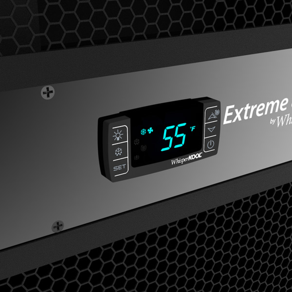 Close-up of the WhisperKOOL Extreme 8000ti digital control panel showing 55°F, mounted on a black surface with a hexagonal grill—ideal for precise wine cellar cooling.