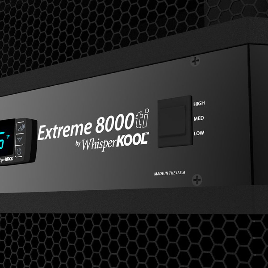 The WhisperKOOL Extreme 8000ti wine cellar cooling unit features a clear display panel, adjustable control switch with three settings, and a unique honeycomb vent design.