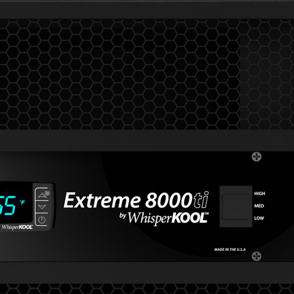 Close-up of the WhisperKOOL Extreme 8000ti, showcasing its digital temperature display, control buttons, and a switch with high, medium, and low settings on a sleek black panel.