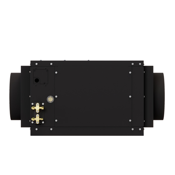 Rectangular black WhisperKOOL Fully Ducted Platinum Split 4000 unit featuring metal screws, two brass valves, a pressure gauge, and two circular openings on each end—ideal for fully ducted HVAC installations.
