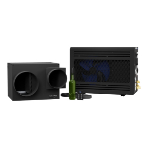 Wine cellar cooling unit with control panel, sensor probe, and a green wine bottle, all displayed against a white background. Featuring the advanced WhisperKOOL Fully Ducted Platinum Split 4000 for premium wine cellar cooling.