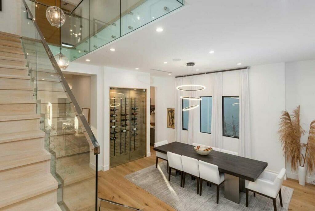 glass staircase, dining room
