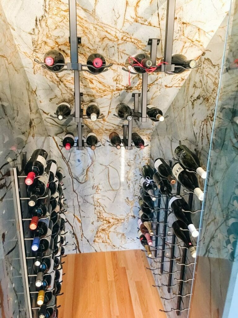 Wine rack, marble floor.