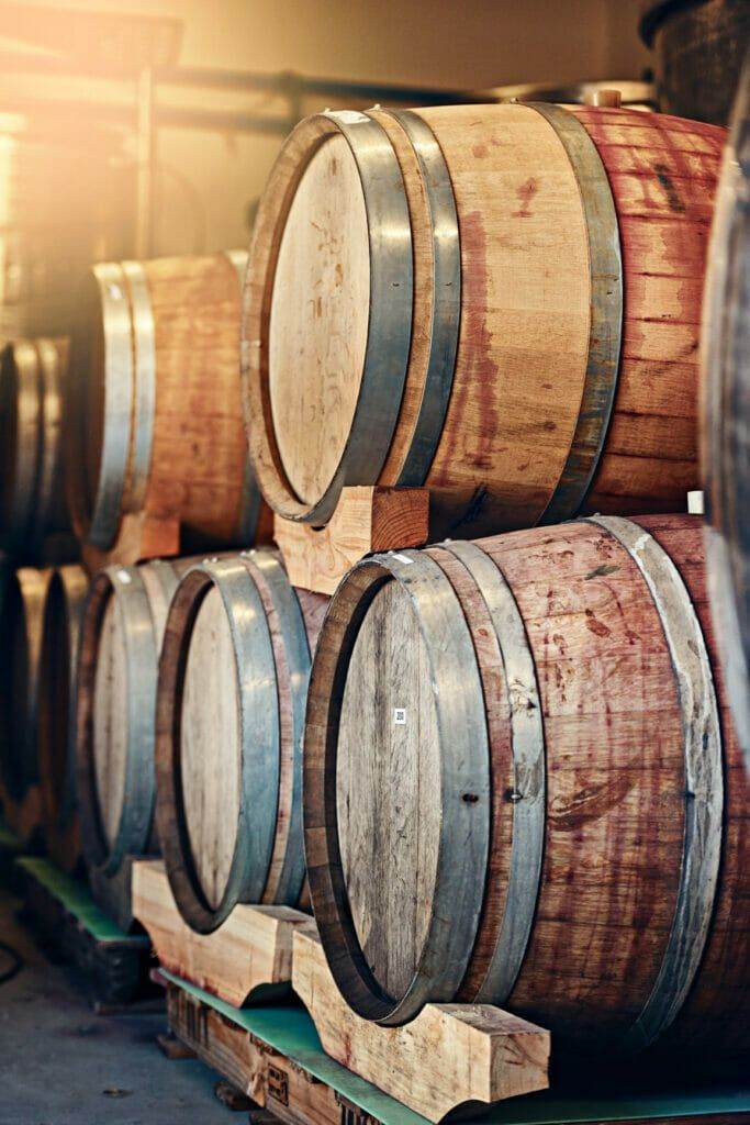 Wine barrels in a home warehouse.