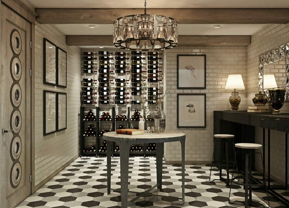 wine cellar, checkered floor