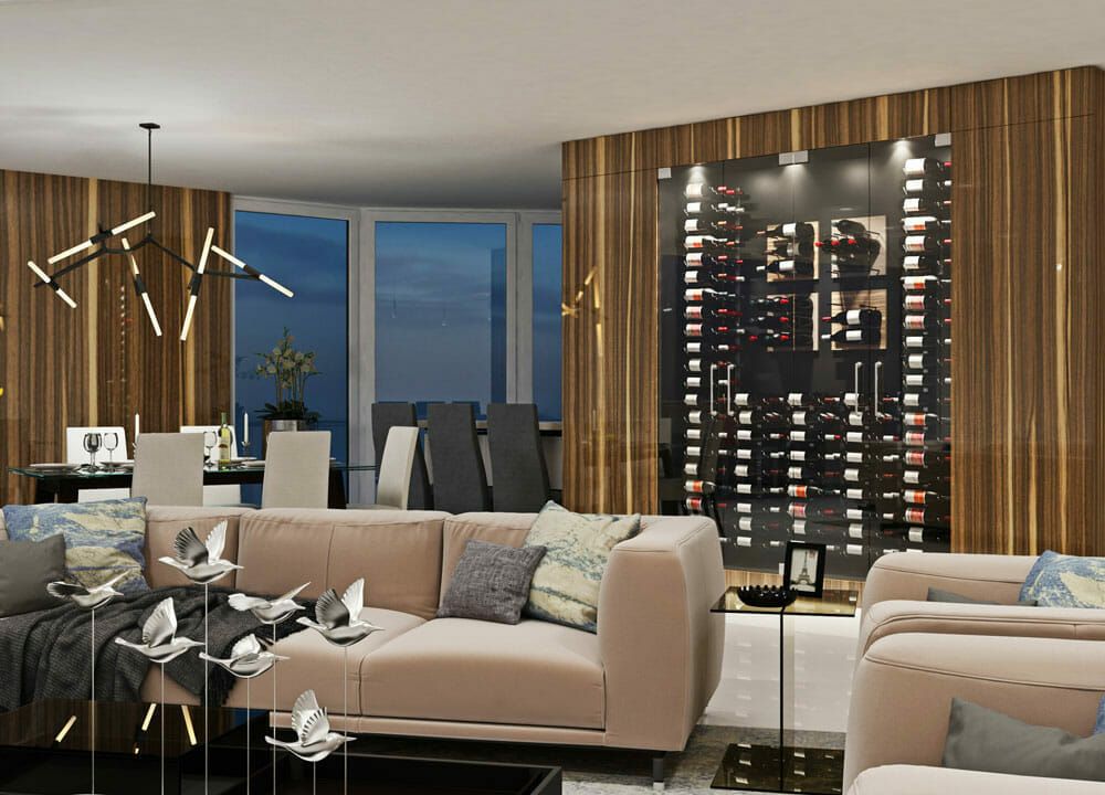 modern, living room, wine rack