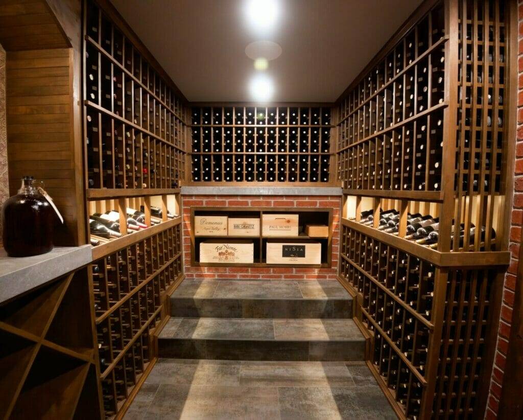 A home wine cellar with wooden shelves.