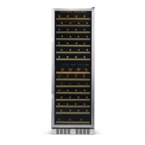 A state-of-the-art NewAir 27" wine fridge to store up to 160 bottles, featuring dual zone temperature control and a built-in compressor.