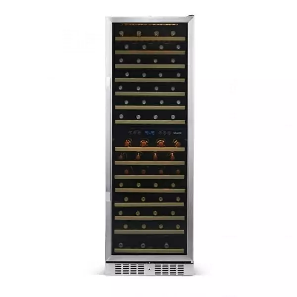 A state-of-the-art NewAir 27" wine fridge to store up to 160 bottles, featuring dual zone temperature control and a built-in compressor.