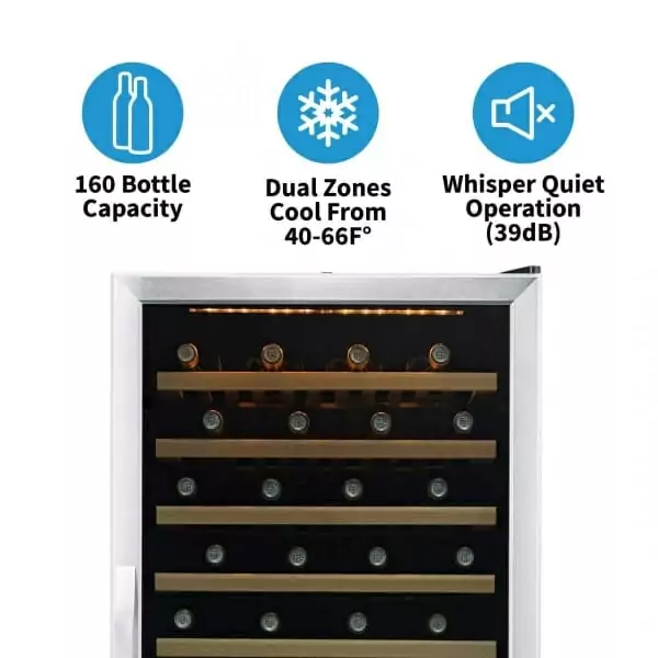 An image of a NewAir 27” 160 Bottle Built-in Dual Zone Compressor Wine Fridge showcasing various wine bottles.