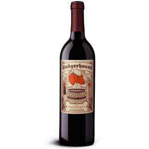 A bottle of 2016 Badgerhound Zinfandel from Sonoma featuring a dog image.