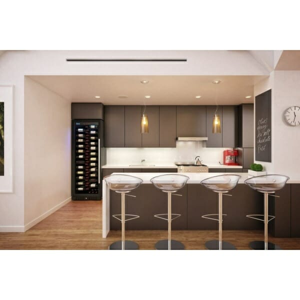 A modern kitchen with stools and a stylish Magnum Cellars - 148 Bottle Design Series.