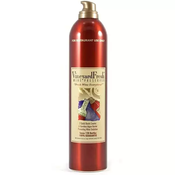 A bottle of Vineyard Fresh Argon Gas with a red label.