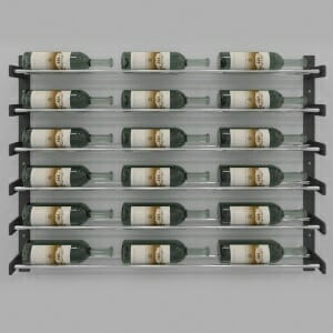 The Evolution Wine Wall 30″ Wall Mounted Wine Rack (18 to 54 bottles) displaying numerous bottles.