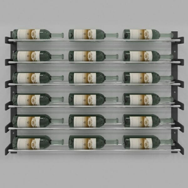 The Evolution Wine Wall 30″ Wall Mounted Wine Rack (18 to 54 bottles) displaying numerous bottles.