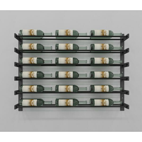 A black Evolution Wine Wall 30″ Wall Mounted Wine Rack with six bottles on it, holding up to 54 bottles.