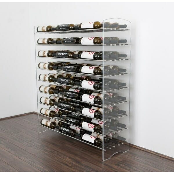 Evolution Wine Tower 47″ | Metal and Acrylic Freestanding Wine Rack Kit with abundant bottles on it.