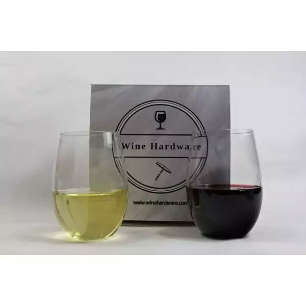Two Reusable & Elegant Tritan Wine Glasses next to a box.
