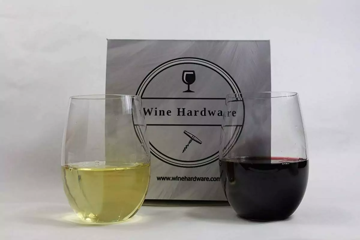 Two Reusable & Elegant Tritan Wine Glasses next to a box.