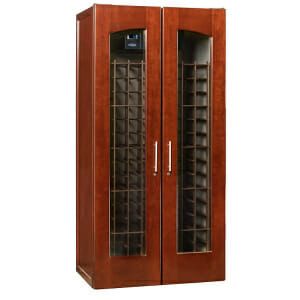 Le Cache Vault 3100 Wine Cabinet Classic Cherry glass doors.