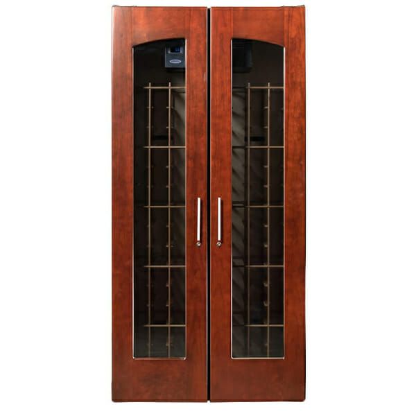 Le Cache Vault 3100 Wine Cabinet with glass doors and Classic Cherry finish.