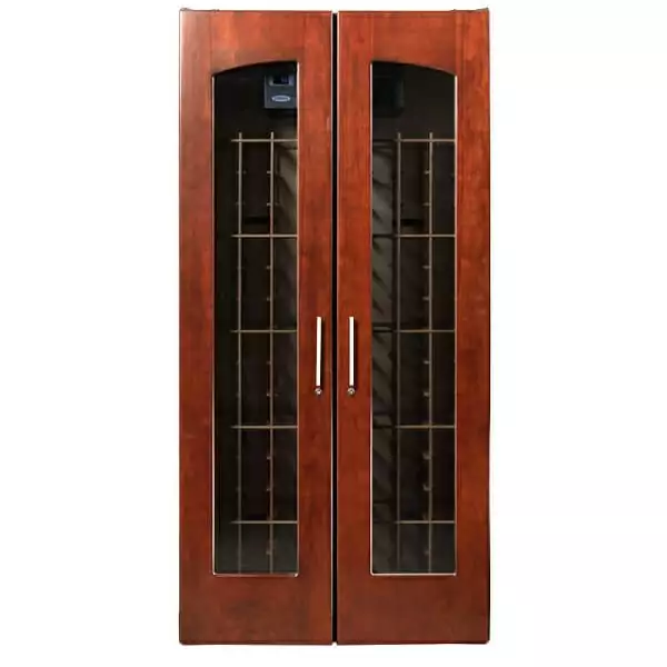 Le Cache Vault 3100 Wine Cabinet with glass doors and Classic Cherry finish.