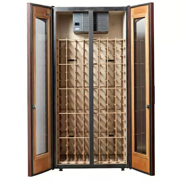 Le Cache Vault 3100 Wine Cabinet Classic Cherry with wooden shelves and a glass door.