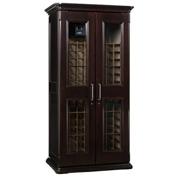 Le Cache Euro 2400 Wine Cabinet with glass doors and shelves, chocolate cherry finish.