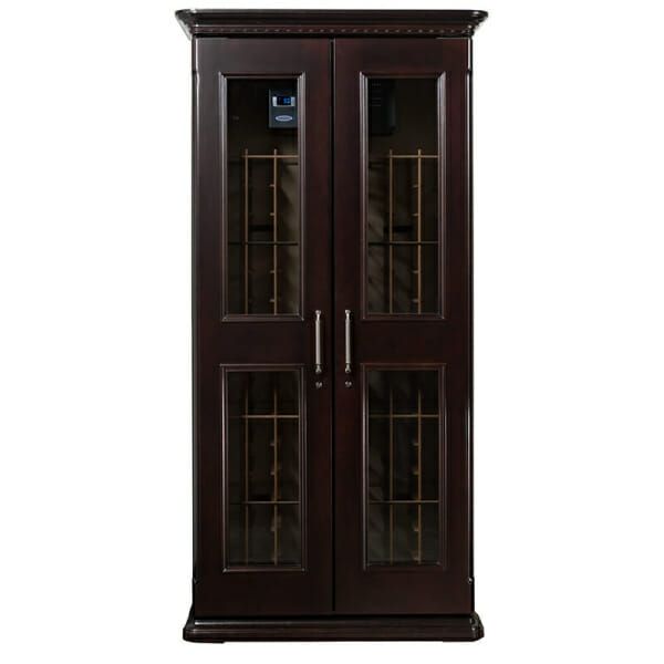 Le Cache Euro 2400 Wine Cabinet in Chocolate Cherry with glass doors.
