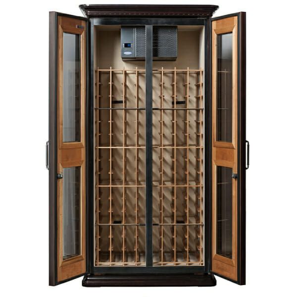 Le Cache Euro 2400 Wine Cabinet with glass door in Chocolate Cherry finish.