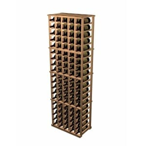 A wine rack made from Designer Kits with 5 columns, made of All Heart Redwood, capable of storing a lot of bottles.